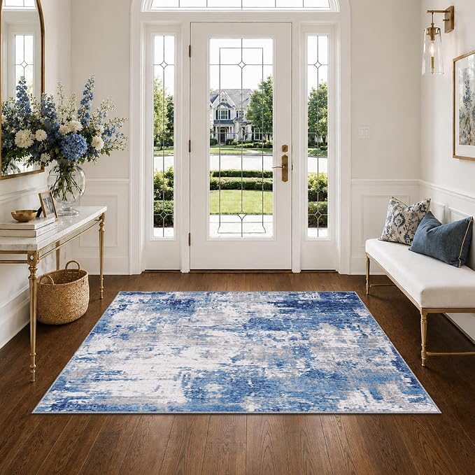 RELEANY Washable 4'x6' Abstract Area Rug for Living Room Blue Gray | carpet for bedroom, kitchen, office, hallway and entryway, printed pattern, non-slip, soft, stain-resistant, easy to clean