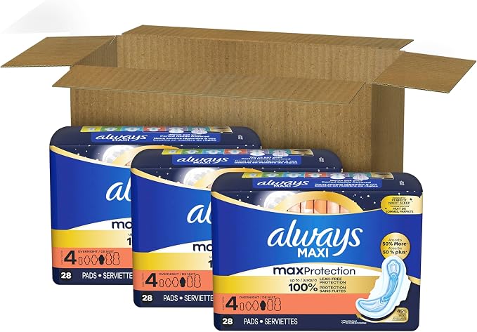 Always Maxi Overnight Pads with Wings for Women, Size 4, Overnight Absorbency, Unscented,84 Count (Pack of 2)