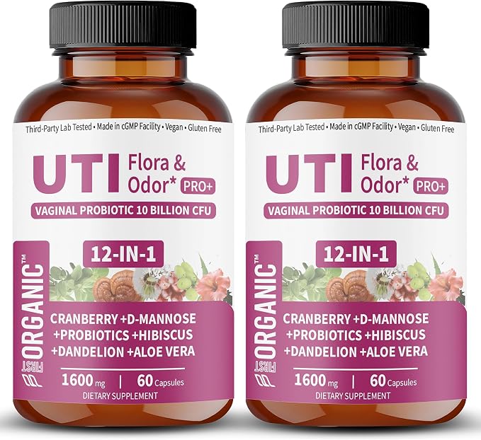 UTI Flora & Odor Pro+ | Pack of 2 | Intimate Freshness & Comfort Support with Cranberry, D-Mannose, Vaginal Probiotics | Third-party Tested, cGMP Facility, Vegan, Non-GMO, Gluten-Free | 60+60 Caps