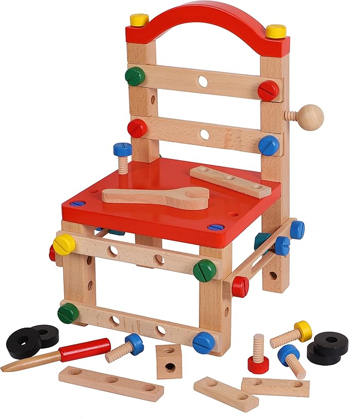 Wooden Nuts and Bolts Set - Construction Work Bench Chair - Wooden Construction Kits for Kids - Compatible with TOWO Nuts Bolts Set