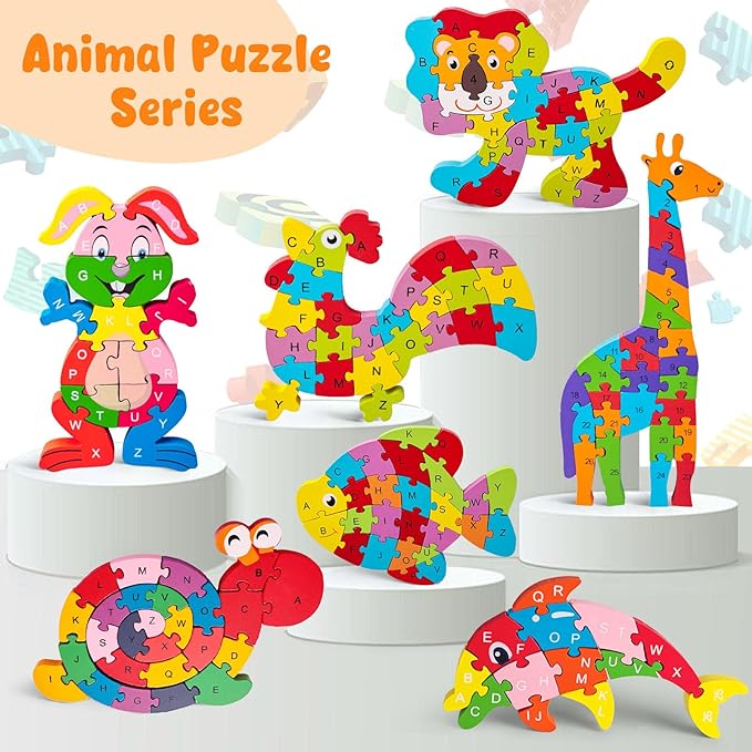 LovesTown Wooden Puzzle Learning Toys Alphabet Number Building Blocks Educational Gift for Preschool Kids Animal Lion Jigsaw 26 PCS