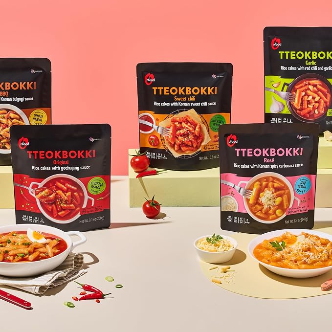 O’food Tteokbokki Variety Pack, Pack of 5, Instant Korean Rice Cakes, Authentic Spicy Street Food, Ready to Eat, No MSG, No Corn Syrup
