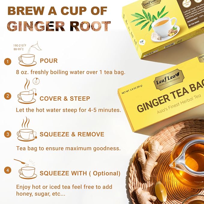 LeafLea Ginger Tea Bags, Spicy Pure Ginger Herbal Tea, 120 Count | Bold Single-Ingredient Brew, Individually Foil-Wrapped, Family Value Pack, Caffeine-Free, Gluten-Free