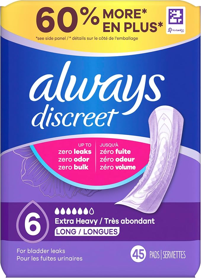 Always Discreet Adult Incontinence Pads for Women, Drier, 6 Drop Long Length, Extra Heavy Absorbency, Pads for Bladder Control Management, Bladder Leaks, & Postpartum Pads, 45ct