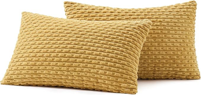 MIULEE Lumbar Decorative Throw Pillow Covers 12x20 Gold Textured Corduroy | Striped Pack of 2 Striped Pillow Covers Modern Farmhouse Home Decor for Couch Bed Sofa Living Room