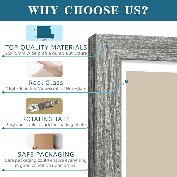Hongkee 6x6 Picture Frame Set of 4, Made of Glass and Grey Wooden Frame - Display Picture 4x4 with Mat or 6 x 6 Without Mat, 6x6 Photo for Wall or Tabletop