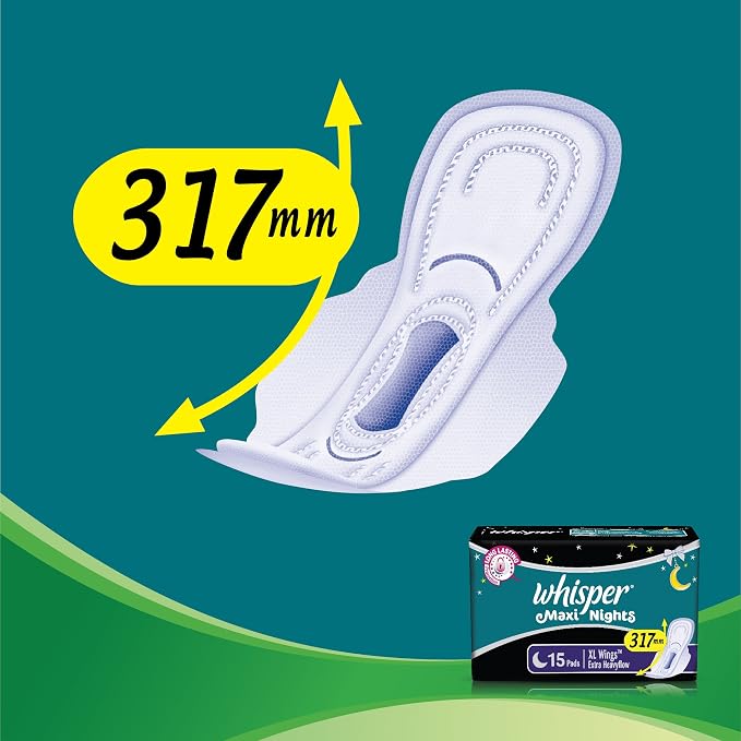 Whisper Maxi Nights Sanitary Pads for Women, XL, Pack of 15 Napkins