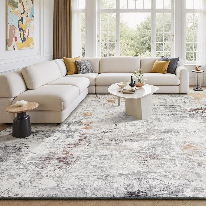 Rugflix 5x7 Area Rugs for Living Room, Washable Beige Grey Large Rug | Machine Washable; Stain-Resistant; Low Pile; Non-Slip; Modern Abstract; Carpet for Bedroom Dining Office Nursery Home