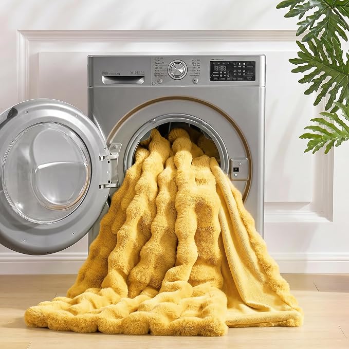 Cozy Bliss Faux Fur Throw Blanket for Couch, Fuzzy Soft Plush Thick Bubble Blanket for Sofa Bedroom Living Room, 50 * 60 Inches Yellow