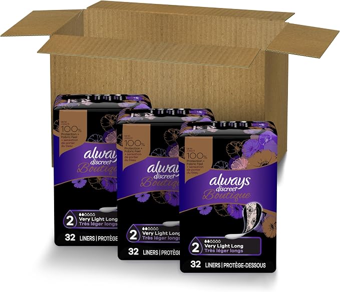 Always Discreet Boutique Incontinence Panty Liners for Bladder Leaks, Size 2, Very Light Absorbency, Long Length, 96 Count (Pack of 2)