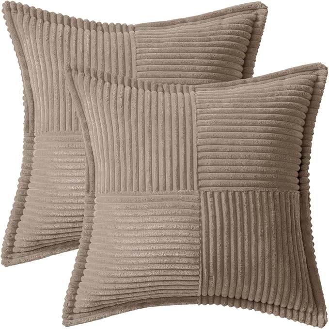 MIULEE Decorative Throw Pillow Covers for Couch 18x18 Inch Light Brown | 2 Pack, Boho Broadside Striped Patchwork Pillow Covers, Soft Corduroy Cushion Cases, For Sofa Bed Livingroom Home Decor