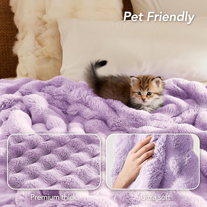 L'AGRATY Faux Rabbit Fur Throw Blanket for Couch, 90'' x 90'', Purple | Soft Cozy Bubble Fluffy Blanket for Sofa Bed, Thick Warm Plush Fuzzy Throw for Room Home Decor, Luxury Gift for Women Mom
