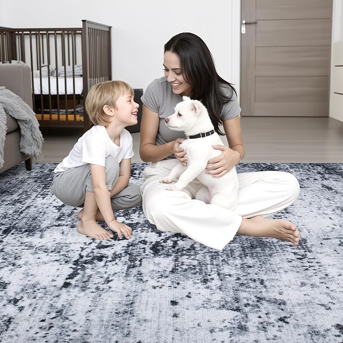 4x4 Area Rug Living Room Rug: Washable Modern Abstract Soft Thin Rug Indoor Floor No Slip Stain Resistant Carpet for Bedroom Dining Room Farmhouse Nursery Home Office - Black