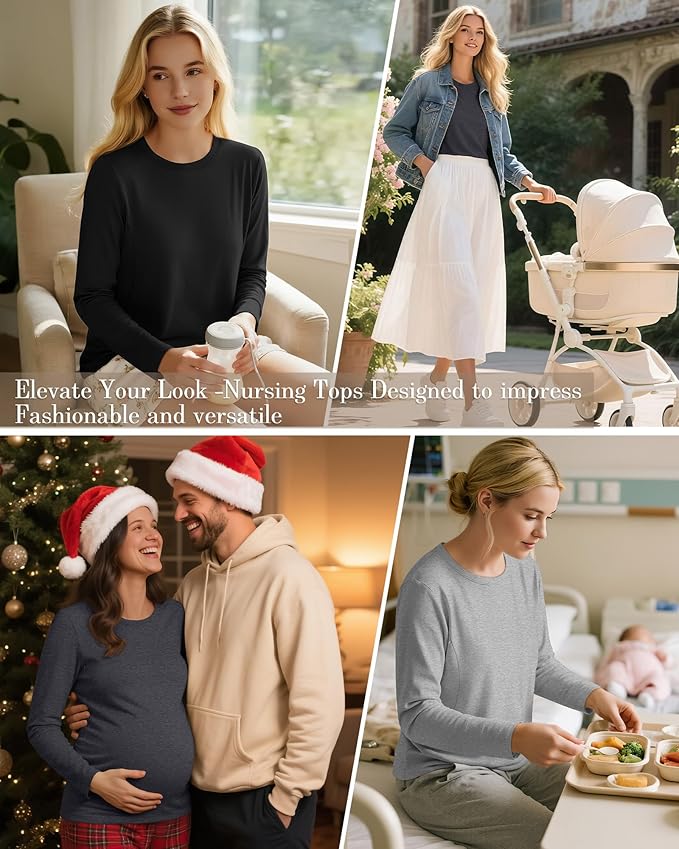 3 Pack Nursing Tops for Breastfeeding Maternity Shirts Zipper Long Sleeve Round Neck Knit Casual Nursing Clothes