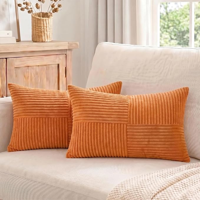 Fancy Homi 2 Packs Burnt Orange Lumbar Decorative Throw Pillow Covers 14x24 Inch for Couch Bed Sofa, Farmhouse Boho Home Decor, Soft Striped Corduroy Rectangle Accent Cushion Case 35x60 cm