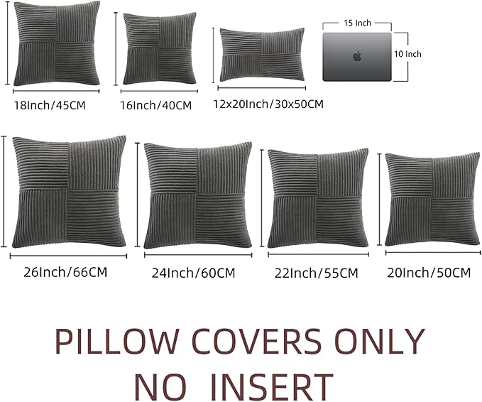 Fancy Homi 2 Packs Dark Gray Decorative Throw Pillow Covers 18x18 Inch for Living Room Couch Sofa, Rustic Farmhouse Boho Home Decor, Soft Corss Corduroy Patchwork Textured Square Cushion Case 45x45 cm