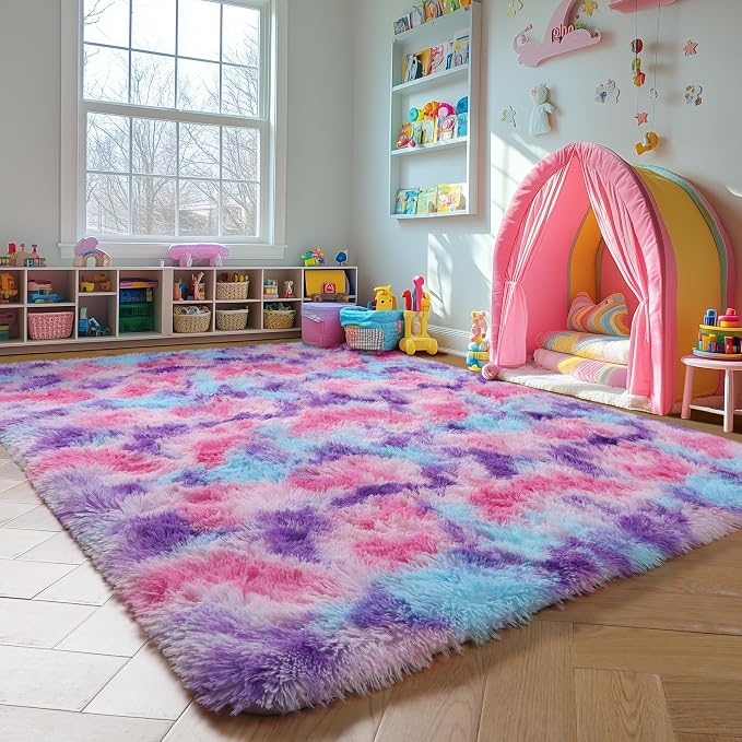 Amdrebio Pink Blue Purple Area Rug for Girls Room 4x6, Soft Fluffy Cute Fuzzy Colorful Kids Rugs for Bedroom Nursery Playroom Classroom Dorm, Shaggy Floor Princess Carpet for Baby Toddler, Home Decor