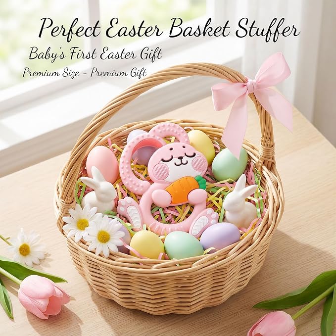 Easter Baby Teething Toys for 3+ Months, Silicone Bunny Rabbit Teether for Babies 3 6 9 12 Months, Teething Relief, Easter Basket Stuffer Essential, Pink Sensory Toy Gifts Girls