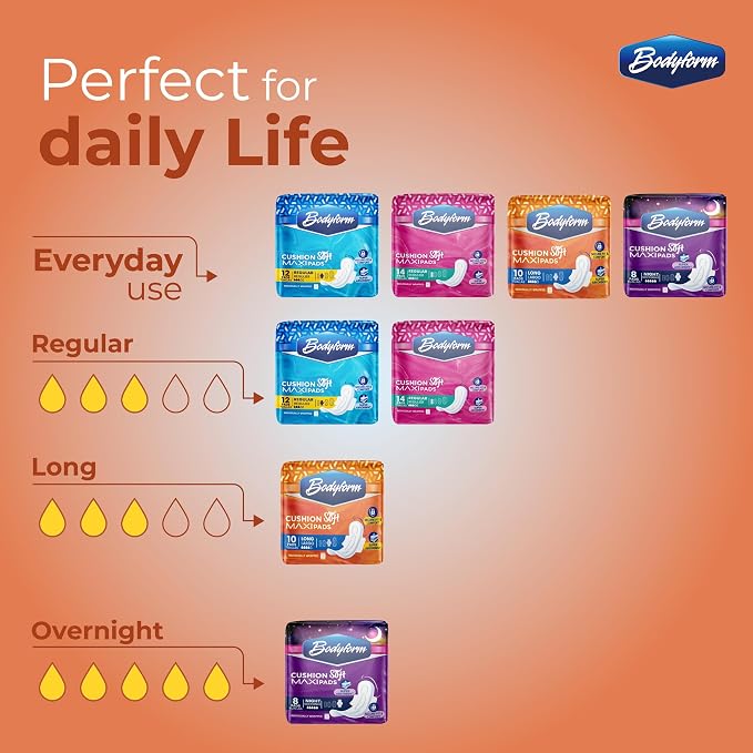 Bodyform Maxi - Value Sanitary Napkins, Cushion Soft Always Comfortable and Ultra-Absorbent (Long, 120 Count (12 Packs of 10 Counts))
