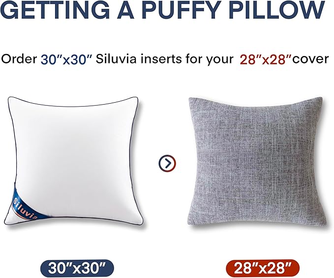 Siluvia 30x30 Down Alternative Pillow Insert 2 Pack, 100% Cotton Cover | 100% Premium Polyester Fill, Fluffy & Soft with Comfy Support - White Decorative Cushion Inserts for Couch, Sofa & Bed