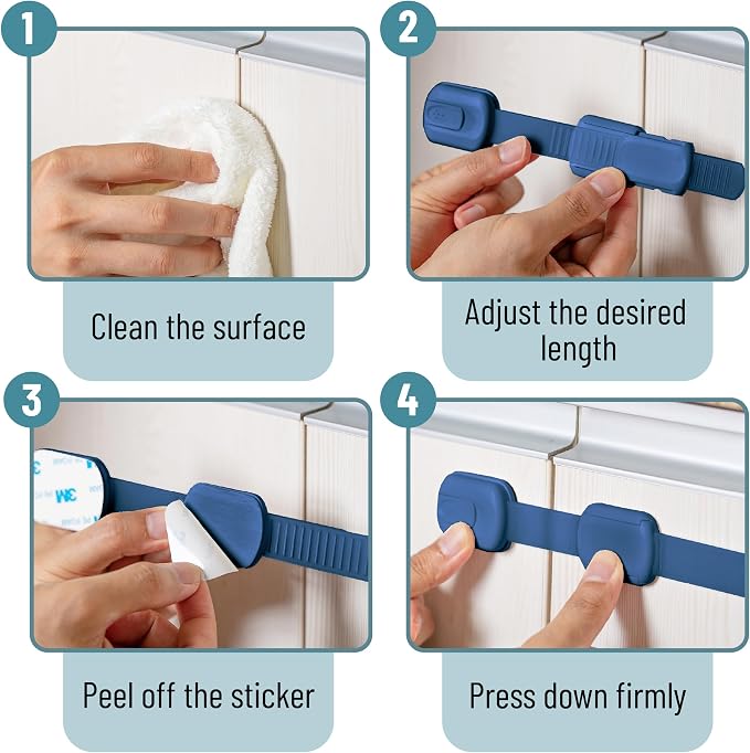 Bate- Child Safety Strap Locks, 6 Pack, Dark Blue, Baby Locks for Cabinets, Drawers, Kitchen, Toilet, Furniture, Fridge, Multi-Purpose, Easy Install with Quick 3M Adhesive for Childproofing
