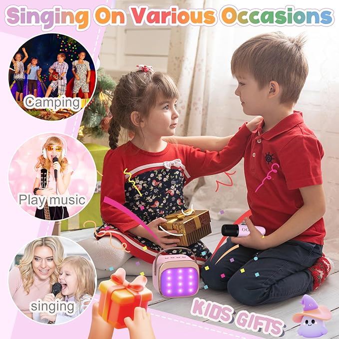 FLUESTON Mini Karaoke Machine for Kids Adults, Portable Bluetooth Speaker with 2 Wireless Microphones, Toys for Girls Ages 3, 4, 5, 6, 7, 8, 9,10,11,12+ Years Old, Birthday Valentines Gifts for Kids