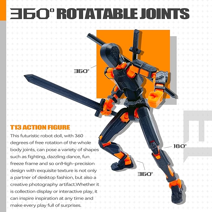 T13 Action Figure Set (Assembly Completed),Dummy 13,Titan 13 Action Figures,3D Printed Toys Multi-Jointed Movable (Black/Orange)