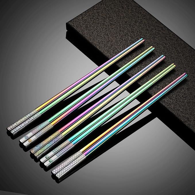Metal Chopsticks Reusable 18/8 Stainless Steel Chopsticks Laser Engraved Premium Titanium Chop Sticks Dishwasher Safe Lightweight Japanese Korean Chopsticks 5 Pairs Gift Set (Rainbow)