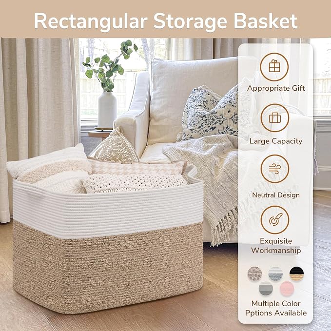 Goodpick 105L Extra Large Woven Rope Blanket Basket, White & Light Brown | 25'' x 16'' x 16'' Storage Basket for Blankets, Toys & Pillows, Living Room & Bedroom Organization, Reinforced Handles