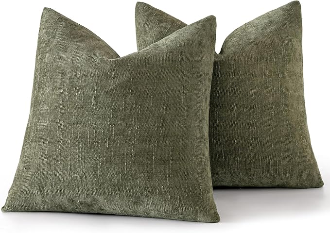 MIULEE Textured Chenille Throw Pillow Covers 18x18 Inch Olive Green | Pack of 2 Decorative Soft Throw Pillows, Solid Textured Cushion Covers, Modern Home Decor for Couch Sofa Bedroom Living Room