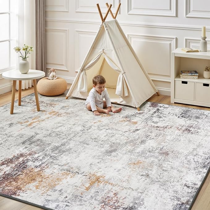 Rugflix 9x12 Area Rugs for Living Room, Washable Beige Grey Large Rug | Machine Washable; Stain-Resistant; Low Pile; Non-Slip; Modern Abstract; Carpet for Bedroom Dining Office Nursery Home