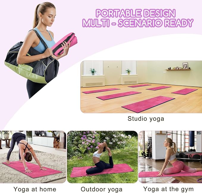 Hot Yoga Mat Towel Set – Non-Slip 600GSM Thickened Microfiber Yoga Mat Cover (70"x25.5") + Hand Towel – Super Absorbent, Skidless Sweat Towel for Hot Pilates, Bikram & Fitness, Dark Pink