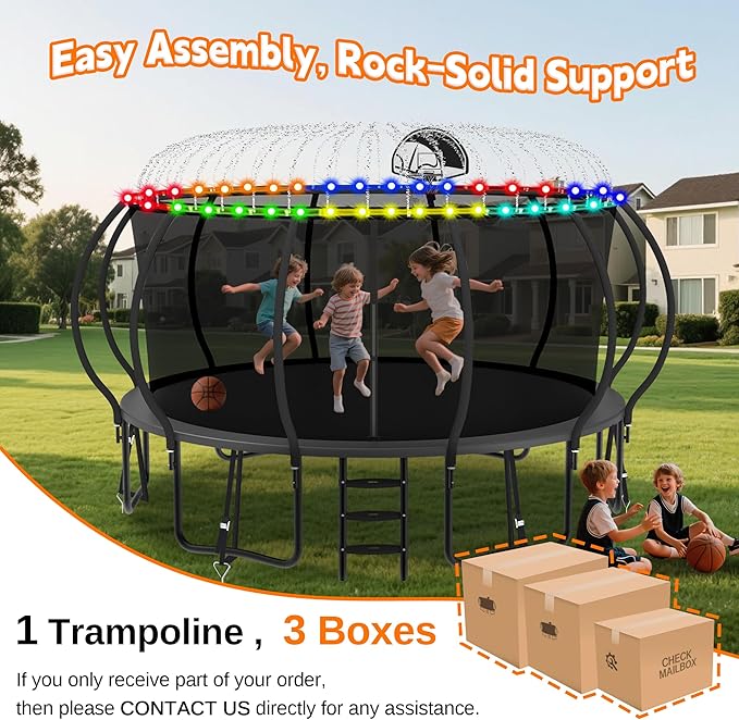 DeepRoar 2026 Upgraded 8/10/12/14/15/16FT Pumpkin Tranpoline for Kids, Heavy Duty 1500LBS Outdoor Tranpoline Set with Basketball Hoop, Light, Sprinkler & Socks, Recreational Trampolings, ASTM Approved