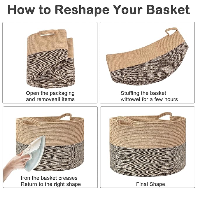 115L Extra Large Blanket Basket,Woven Laundry Basket- White & Brown | Collapsible Nursery Storage Bin with Sturdy Handles, Organizes Clothes, Toys and Pillows for Living Room, Bedroom, Bathroom
