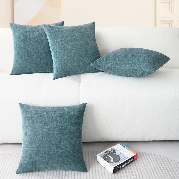 CaliTime Decorative Couch Throw Pillow Covers 18 X 18 Inches Smoke Blue | Pack of 4, Cozy Chenille Cushion Cases for Sofa Bed Living Room Farmhouse Home
