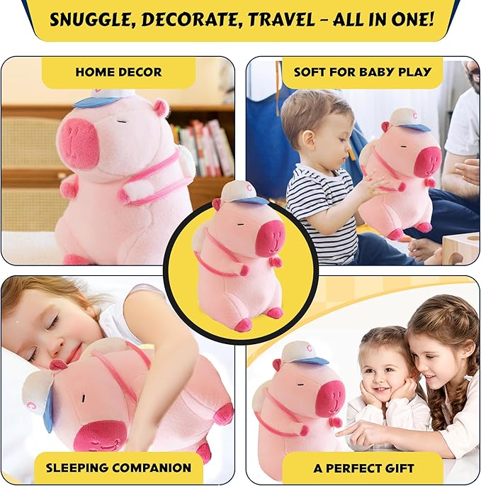 13.7 Inch Cute Pink Capybara Plush Toy with Baseball Backpack, Cute Animal Plush, Doll Birthday Gift for Kids Boys Girls, Kawaii Anxiety Stuffed Animal Plushie, Bedtime Huggable Companion