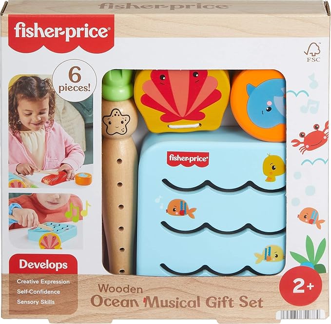 Fisher-Price Wood Toddler Toys Ocean Musical Instruments Set, 6 Wooden Pieces for Creative Play Preschool Kids Ages 2+ Years