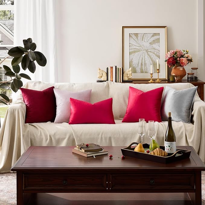 GIGIZAZA Red Velvet Pillow Covers 24x24 Decorative Pillows Pack of 2 | Throw Pillows for Couch Sofa,280gsm Soft Textured Fabric,Modern Square Pillowcases,Luxury Cushion Covers