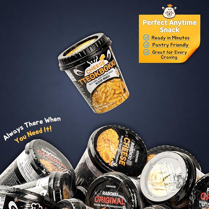 KINIKORA Cheese Instant Rice Cake Cup Snack, Korean Street Food Tteokbokki | Rich cheesy creamy sauce, Topokki style K-food, Chewy texture, Quick 2 min microwave cup meal