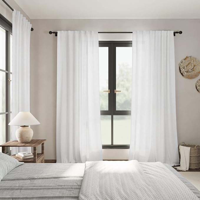 Solid White Curtains 96 Inches Long 2 Panels Back Tab Sheer Linen Curtain Modern Farmhouse Coastal Decor Off White Cotton Textured Curtains 96 inch Length for Patio Sliding Door Office Bedroom