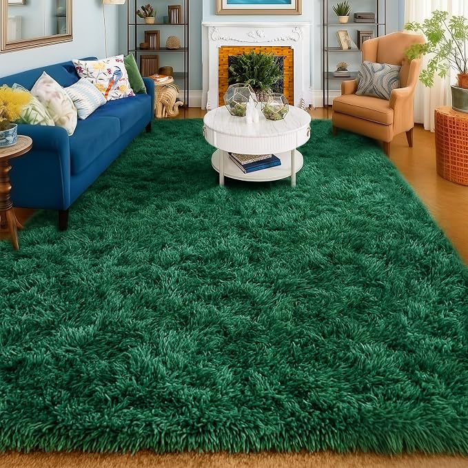 Amdrebio Dark Green Shaggy Area Rug 5x8 for Boys Bedroom Living Room Office | Fluffy Fuzzy Shag Kids Carpet, Classroom Dorm Nursery Playroom Decor, Vintage Rustic Farmhouse Aesthetic, Emerald Green Color
