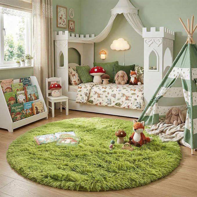 Amdrebio Grass Green Round Rugs 6Ft for Living Room Bedroom Decor Aesthetic, Large Fluffy Shaggy Circle Area Rug for Kids Playroom Baby Nursery, Big Soft Shag Fuzzy Modern Cool Floor Circular Carpet