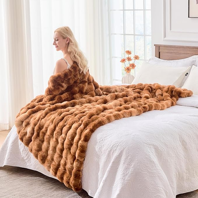 BENVWE Faux Fur Throw Blanket for Couch Bed - Fluffy Soft Thick Bubble Blanket for Living Room Home Decor - Fathers Day Birthday Gifts for Women Men, Tie-dye Caramel, 60" x 80"