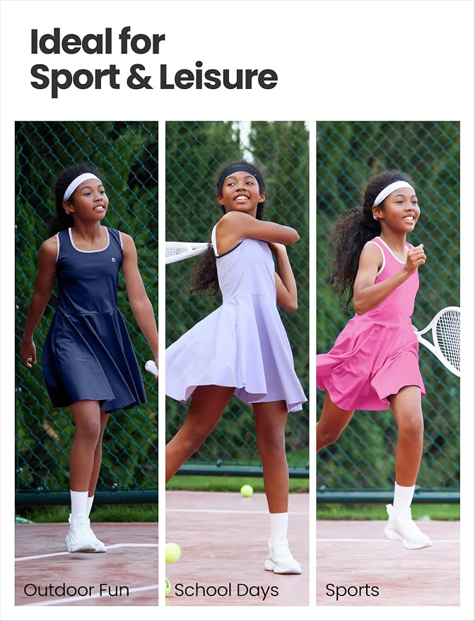 PATPAT Girls Athletic Dress Tennis Summer Outfit with Headband & Shorts | Quick-Dry RapidAir-C Fabric, Lightweight Breathable Golf Dress, Sweat-Wicking 2 Piece sets, Two Hidden Pockets