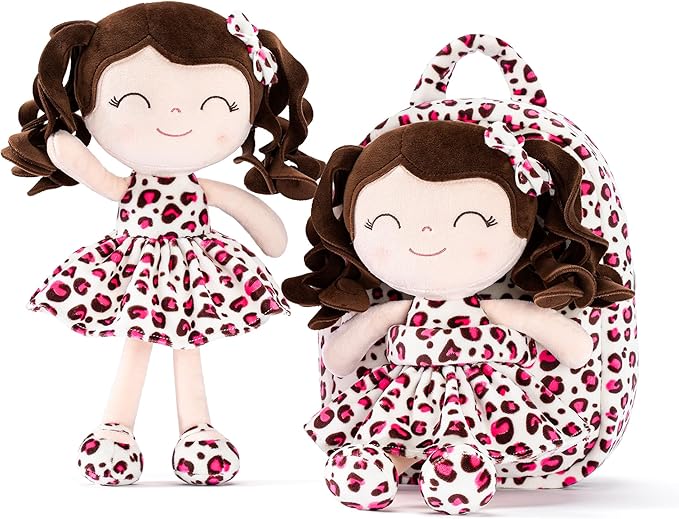 Gloveleya Girls Backpack Baby Gifts - Curly Hair Plush Removable Doll, Birthday Gift for Baby Girl Age 1-3, Preschool Daycare Essentials Carrier, Cute Pink Leopard Print 9"