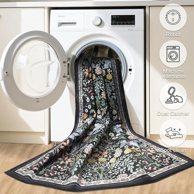 Runner Rug for Entryway: 2x5 Kitchen Rugs Non Slip Washable Ultra-Thin Soft Floral Carpet Indoor Floor Stain Resistant Carpets for Hallway Bedroom Kitchen Laundry Bathroom Dorm Dark Black