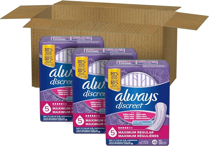 Always Discreet Adult Incontinence Pads for Women, Maximum Absorbency, Regular Length, Postpartum Pads, Up to 100% Bladder Leak Protection, 144 Count