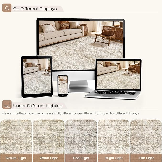 cotiled Washable Area Rugs 8x10 Living Room | Non Slip Backing, Stain Resistant, Pet Friendly, Large Neutral Soft Indoor Carpet For Bedroom, Nursery, Office, Beige/Brown