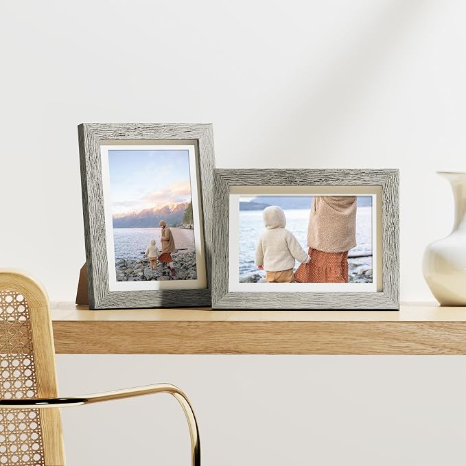 Vittanly 5x7 Picture Frames Set of 9 for Wall or Tabletop Display, Grey | Display Pictures 4x6 with Mat or 5x7 without Mat, Small Photo Frames, Engineered Wood with Shatter Resistant Plexiglass