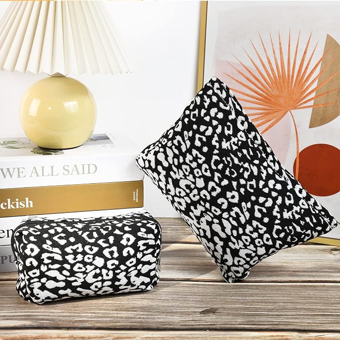 SOIDRAM 2 Pieces Leopard Print Makeup Bag Large Cosmetic Bag Capacity Canvas Mix Travel Toiletry Bag Organizer Cute Makeup Brushes Aesthetic Accessories Storage Bag for Women, Leopard Print Mix Black